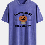 Halloween Pumpkin Town Print Washed Distressed Drop Shoulder T-Shirt