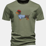 Regular Fit Dachshund Wearing Striped Sweater Print Cotton T-Shirt