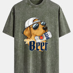 Beer Dog Print Washed Distressed Drop Shoulder T-Shirt