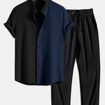 Two Tone Muscle Fit Ribbed Stand Collar Shirt & Straight Leg Ribbed Pants