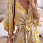Margovil  Wrap V Neck Tie Knot Leaf Print Batwing Romper
