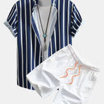 Striped Button Up Stand Collar Shirt & Man Mid Length Drawstring Swim Shorts