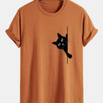 Regular Fit Black Cat Print Cotton T-Shirt
