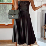 Strapless Pleated Faux Leather Midi Dress