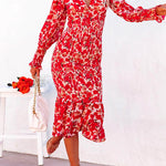 Margovil V Neck Long Sleeves Dress Printed Mermaid Midi Dress