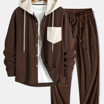 Long Sleeved Contrast Corduroy Hooded Shirt & Straight Leg Corduroy Pants