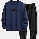 Black Cat Print Relax Fit Sweatshirt & Jogging Pants