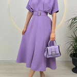 Margovil Crewneck Short Sleeves Belted Slit Midi Dress