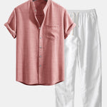 Short Sleeve Stand Collar Shirt & Straight Leg Linen Pants