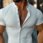 Men's Solid Striped Stand Collar Short Sleeve Shirt