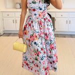 Strapless Tube Back Lace-up Floral Print Midi Dress