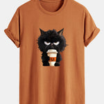 Regular Fit Black Cat Drinking Coffee Print Cotton T-Shirt