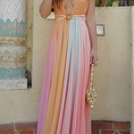 Deep V Neck Sleeveless Rainbow Maxi Dress