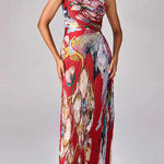 One Shoulder Sleeveless Cut Out Waist Floral Print Maxi Dress