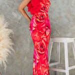 Margovil Ruffle One Shoulder Floral Print Bodycon Maxi Dress