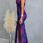 Spaghetti Strap Ruched Slit Floral Print Maxi Dress