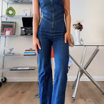 Margovil Zip Up Sleeveless Heart Back Bell Bottom Denim Jumpsuit