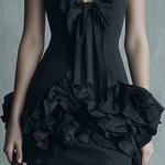 Women's fashionable black acetate double-sided satin ruffled V-neck short dress