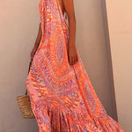 Margovil Halter Backless Printed Maxi Ruffle Swing Dress