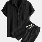 Geometric Jacquard Eyelet Cuban Shirt & Linen Cotton Blend Shorts