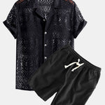 Short Sleeve Geometry Textured Cuban Shirt & Linen Cotton Blend Shorts