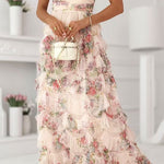Strapless Floral Print Ruffle Layered Maxi Dress