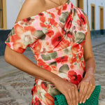 Asymmetrical Shoulder Split Floral Print Midi Dress