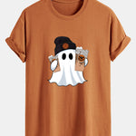 Regular Fit Halloween Ghost Coffee Print Cotton T-Shirt