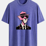 Pink Gentleman Panther Print Washed Distressed Drop Shoulder T-Shirt