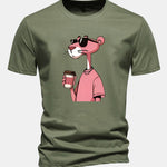 Regular Fit Pink Panther Drinking Coffee Print Cotton T-Shirt