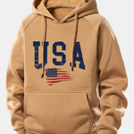 USA Flag Print Drawstring Hoodie