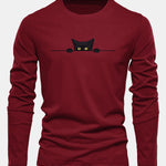 Long Sleeve Black Cat Print Cotton T-Shirt