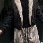 Boxy Faux Fur Collar Washed Denim Hooded Jacket
