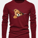 Long Sleeve Zipper Bear Print Cotton T-Shirt