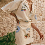 Kea Linen Blend Unique Print Short Sleeve Shirt and High Rise Wrap Panel Miniskirt Set