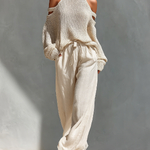 Women's Beige Knit Fabric Cold-Shoulder Turtleneck Top & Wide-Leg Pants Set