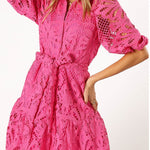 Solid Color Lace Cutout Balloon Sleeves and Waist Tie Mini Dress