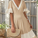 A-Line Flared Sleeves Contrast Color Pleated V-Neck Maxi Dresses