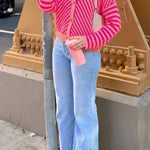 Pink Striped Buttoned V Neck Drop Shoulder Cardigan