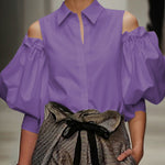 Long Sleeves Loose Pleated Solid Color Cold Shoulder Blouses&Shirts Tops