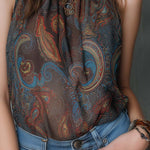 Vintage Pleated Collar Paisley Sleeveless Tank Top