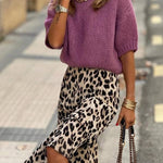 Soft mist purple short-sleeved knitted sweater