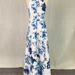 A-Line High Waisted Contrast Color Flower Print Pleated Halter-Neck Maxi Dresses