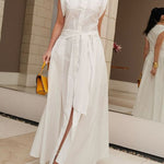 Cap Sleeve Loose Buttoned Solid Color Split-Side Tied Waist Maxi Dresses Shirt Dress