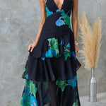 REFRESHING FLORAL PRINT BACK LACE-UP MULTI-TEIR RUFFLE HEM MAXI DRESS