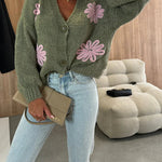 Embroidered Floral V-neck Long-sleeved Button-knit Cardigan