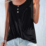 Kink T-Shirt Solid Color Cross Button Round Neck Sleeveless Tank Top