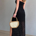 Sunset Beach Stroll Knit Texture Cutout Detail Halter Stretch Maxi Dress