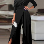 Solid Color One-Shoulder Long Sleeves T-Shirt + High-Waisted Wide Leg Pants Trousers Two Pieces Set