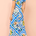 Art Blue Square Collar Print Linen Long Dresses Summer